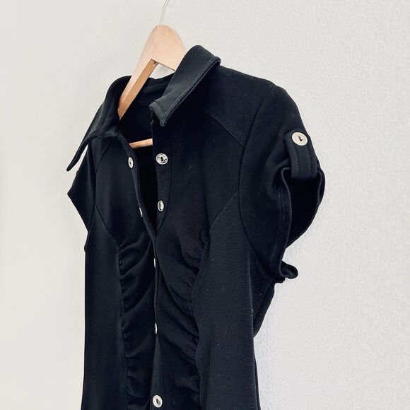 VTG Y2K Ruched Bodycon Dress Sz 8 Black Stretch Silver Button CorporateGoth Punk - Picture 5 of 12